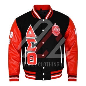Custom Greek Letter Varsity Jacket – Personalized Fraternity Sorority Jacket – Red & Black Leather Letterman Jacket – College Gift