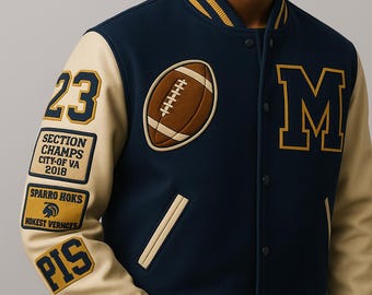 Op maat gemaakte varsity-jas, gepersonaliseerde letterman-jas met naam- en logopatches, afstudeercadeau