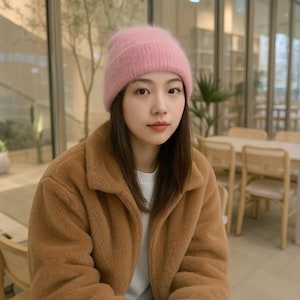 May include: A person wearing a light pink beanie and a brown coat. The beanie is a soft, knitted style. The coat has a fuzzy texture and a collared design. The background shows a cafe setting with tables and chairs.