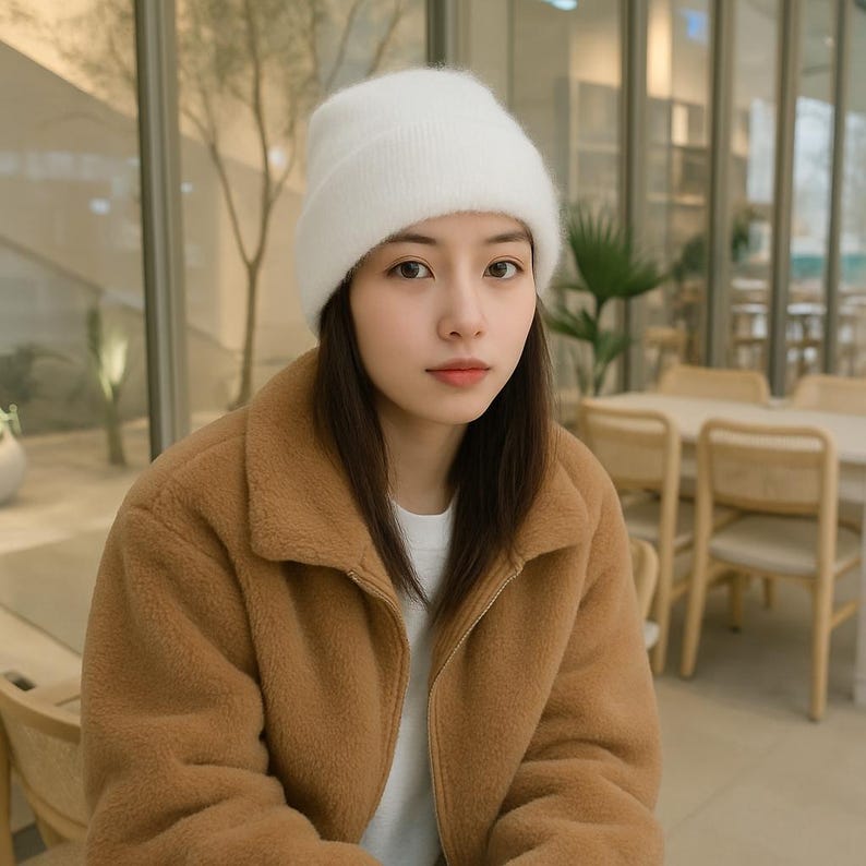 May include: A white knit beanie hat. The hat is worn with a brown fleece jacket and a white shirt. The background is a blurred indoor setting with tables and chairs.