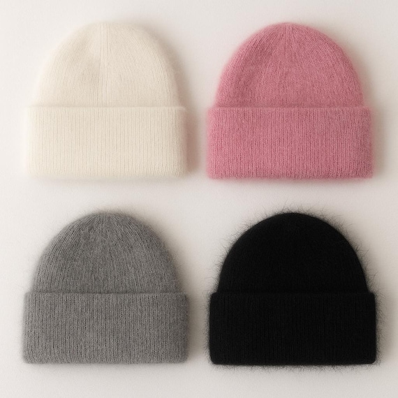 Angora Blend Knit Beanie: Fuzzy Winter Hat