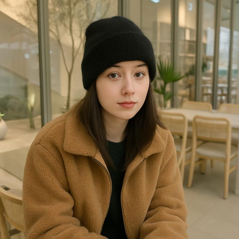 May include: A person wearing a black knit beanie and a brown fleece jacket. The person is looking directly at the camera. The background is a blurred interior with tables and chairs.