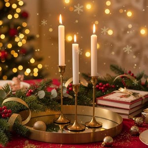 Könnte beinhalten: Drei brennende weiße Kerzen in goldenen Kerzenhaltern auf einem Tablett mit Spiegel, mit Weihnachtsdekorationen. Die Kerzen sind unterschiedlich hoch. Ein Weihnachtsbaum mit Lichtern befindet sich im Hintergrund, zusammen mit einer roten Tischdecke und festlichen Ornamenten.