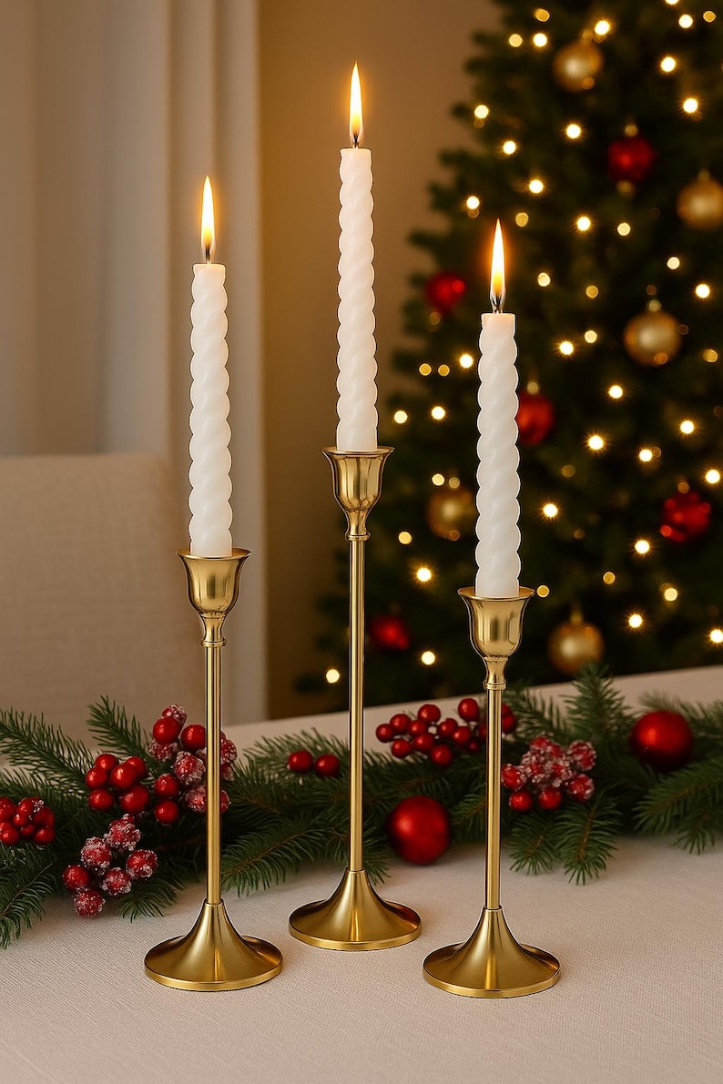 Set of 3 Gold Brass Style Candlestick Holders | Modern Taper Candle ...