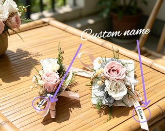 Personalized Pink Boutonniere & Wrist Corsages, Wedding bracelet for the bride and bridesmaids