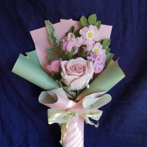 Handmade Pink Crochet Flower Bouquet: Rose, Carnation & Dog Rose