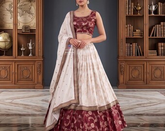 Jacquard Silk Lehenga Choli Set: South Indian Wedding Outfit, White And Maroon Lengha Set