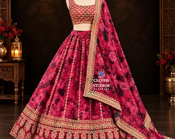 Designer Lehenga Choli: Feestkleding, Bruiloftsoutfits, Roze Lehenga Choli-sets met bloemenprint