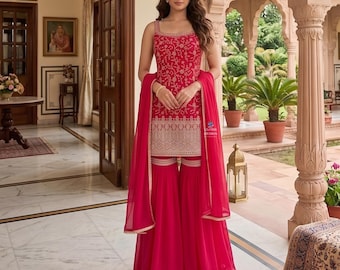 Sharara Suit For Women: Designer Indian Party Wear Pink Salwar Kameez With Dupatta