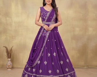 Choliset Georgette Lehenga: paarse zwaar geborduurde Indiase huwelijksceremonie dameskleding