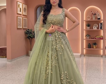 Organza Lehenga Choli With Dupatta: Heavy Embroidered Pista Green Party Wear Indian Outfit