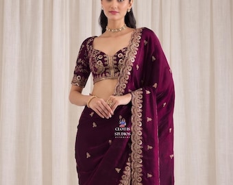 Sequence Work sari met blouse: zijden sari, Wine Sadi, Indiase trouwkleding