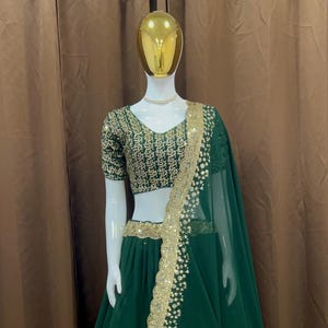 Green Georgette Lehenga Choli Set: Mehndi Special Ready To Wear Women Outfit