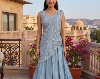 Sky Blue Half Saree Lehenga: Party Wear Designer Saree With Lehengas Blouse, Attractive Outfits