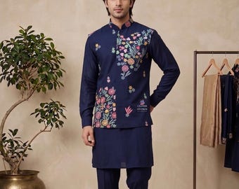 Navy Blue Men's Kurta: Indo Western Men Wear, Groom Outfit, Readymade Mens Kurtas