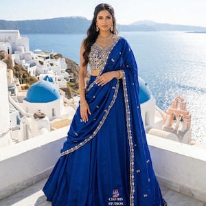 Stylish Royal Blue Lehenga Set – Embroidered Blouse with Heavy Work Dupatta & Plain Skirt