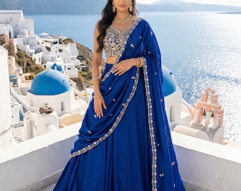Stylish Royal Blue Lehenga Set – Embroidered Blouse with Heavy Work Dupatta & Plain Skirt