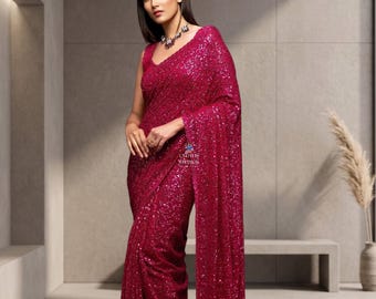 Georgette Rani Pink Saree: Embroidered Saree, Party Reception Wear Sadi, Ethnic Outfit