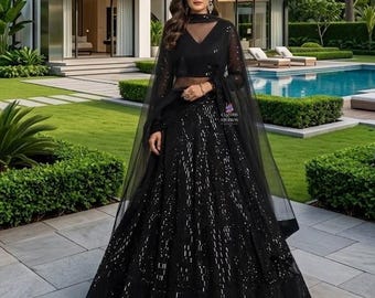 Reception Wear Black Outfit: Embroidered Lehenga Indian Wedding Ethnic Outfit For Bridesmaid Dress