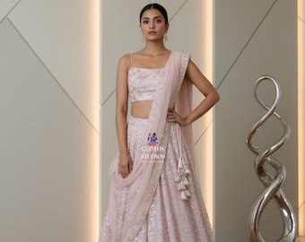 Embroidered Party Wear Outfit: Designer Indian Light Pink Georgette Lehenga Choli For Women