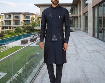 Wedding Wear Men's Outfit: Heavy Embroidered Navy Blue Nehru Jacket With Kurta