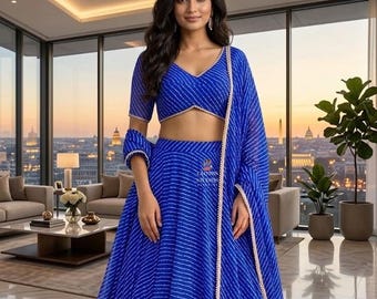 Leheriya Printed Lehenga For Navratri: Royal Blue Outfit, Reception Wear Women Garment