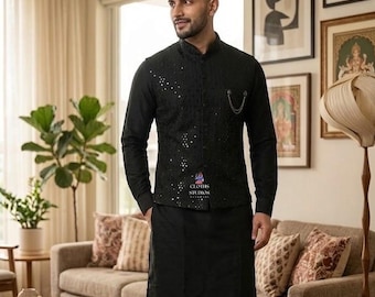 Reception Wear Men's Kurta Set: Designer Black Nehru Jacket, Ready Made Men Kurtas