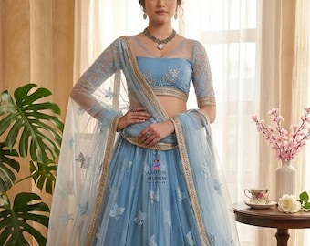 Designer Mint Blue Lehenga : Net Skirt with Embroidered Blouse With Dupatta, Ethnic Party Wear Outfit