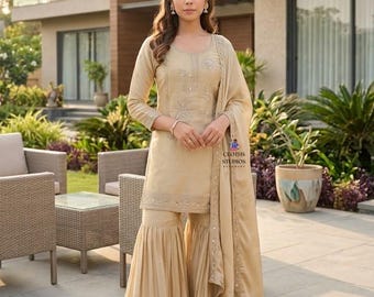 Panjabi Sharara Suit With Dupatta: Embroidered Wedding Wear Silk Beige Short Kurta Set