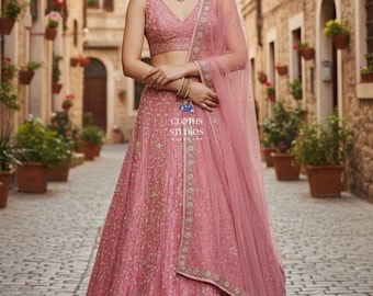 Pink Lehenga Choli For Reception: Ready To Wear Embroidered Outfit Silk Ghaghra