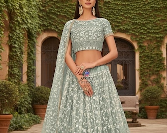 Pista Green Lehenga Choli Set: Women’s Wear Thread Embroidered Net Customised Indian Outfit