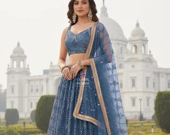 Dove Blue Lehenga Choli For Women: Wedding Wear Indian Reception Wear Chaniya Choli Outfit