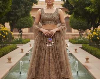 Heavy Embroidered Lehenga For Women: Designer Party Reception Wedding Indian Brown Net Chaniya Choli