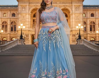 Himmelblaue Hochzeits-Kleidung Lehenga Choli: Netz Brautjungfer Lehengha Rock Mit Dupatta