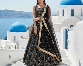 Wedding Wear Lehenga Choli For Women: Real Mirror Embroidered India Party Wear Reception Wear Black Outfit