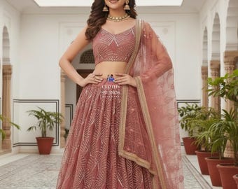 Pink Lehenga Choli For Women: Real Mirror Embroidered Indian Party Wear reception Wear Outfit