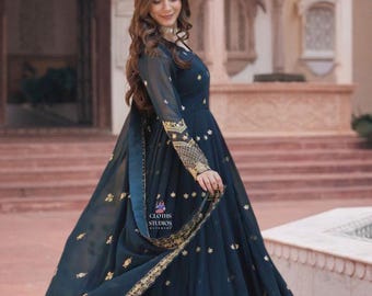 Blue Georgette Gown With Dupatta: Indian Wedding Ethnic Outfit Party Wear