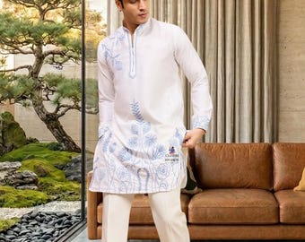 Haldi Special White Kurta: Embordered Men's Outfit, Indian Menswear For Wedding
