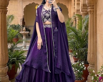 Silk Indo Western Indian Outfit: Purple Embroidered Party Wear Lehenga For Women