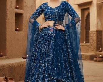 Georgette Lehenga Choli For Women: Heavy Embroidered Navy Blue India Traditional Outfit
