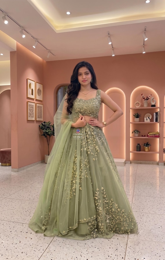 Organza Lehenga Choli With Dupatta: Heavy Embroidered Pista Green Party Wear Indian Outfit