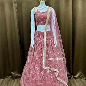 Ensemble de créateurs roses en filet Lehenga Choli pour mariage indien, Lahenga Choli pour femmes, demoiselles d'honneur, prêt à l'emploi, Ghagra Choli, ensemble de vêtements de réception