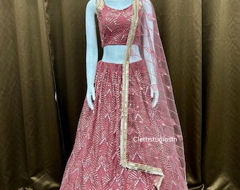 Pink Net Lehenga Choli Set For Indian Wedding: Party Wear Lengha Choli For Women Indian Dress