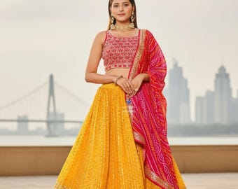 Yellow Lahenga Choli For Women : Real Mirror Pink Choli, Indian Haldi Outfit