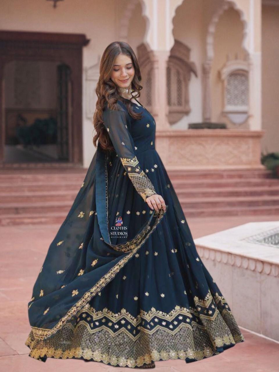 princess polly baby blue dress Blue plain Georgette anarkali with dupatta – YoshnasByEla main image 1