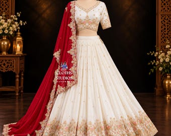 Designer zijden Lehenga Choli: Witte Indiase trouwlehenga, traditionele etnische outfits