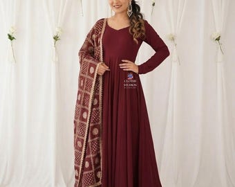 Anarkali Dress Gown With Dupatta: Maroon Long Readymade Festive Gown For Wedding Party Occasions