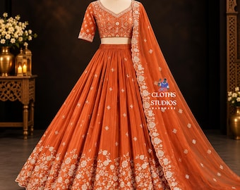 Trendy oranje Lehenga Choli: Lichtgewicht Indiase Lehenga Choli's, designer trouwjurk