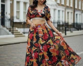 Black Party Wear Lehenga Choli: Digital Printed Indian Women Ready To Wear Outfit
