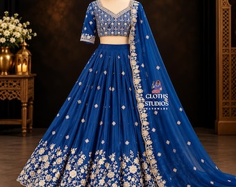 Designer Indiase gelegenheidskleding: Lehenga in turquoise kleur, feest-, receptie- en bruiloftskleding voor dames.